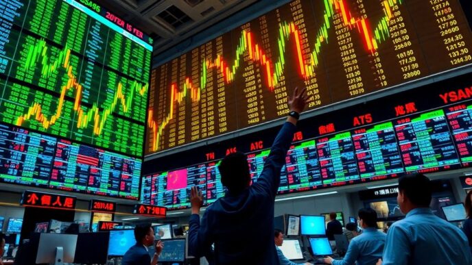 Traders cheering on a busy stock market floor.