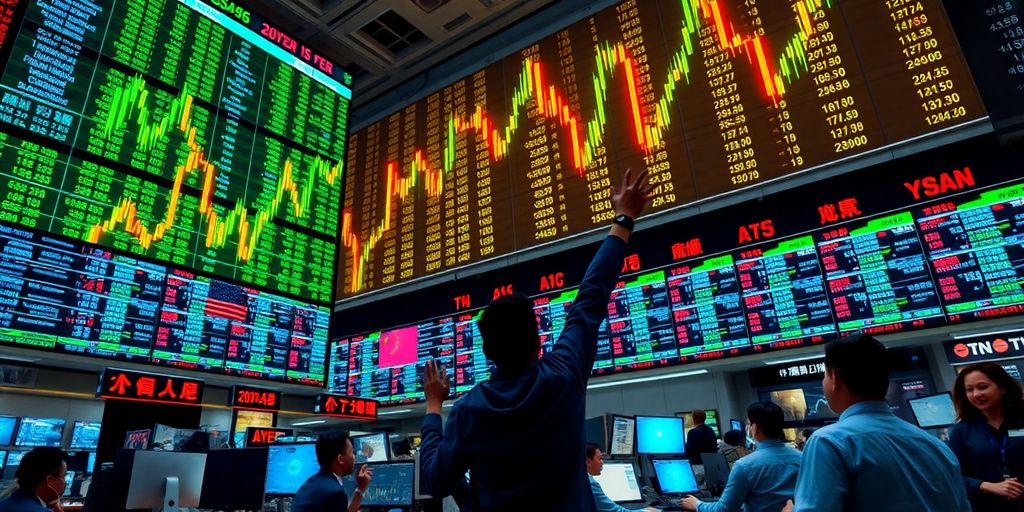 Traders cheering on a busy stock market floor.