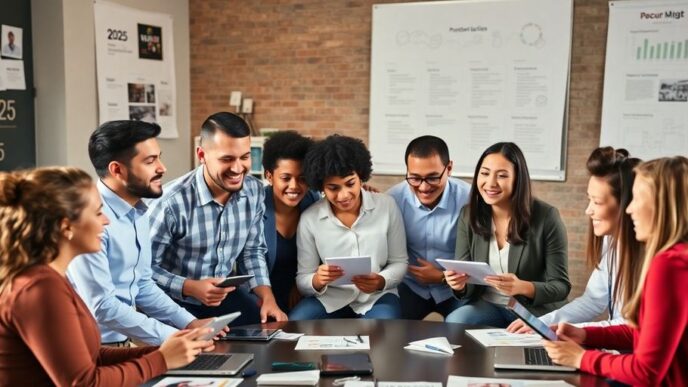 Group of professionals collaborating on digital marketing strategies.