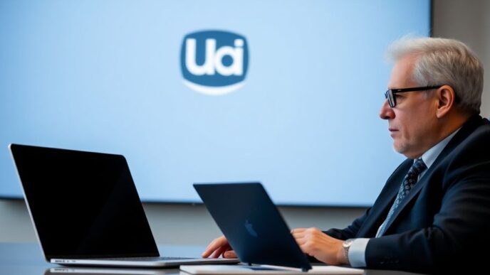 Bill Ackman at desk with Uber logo in background.