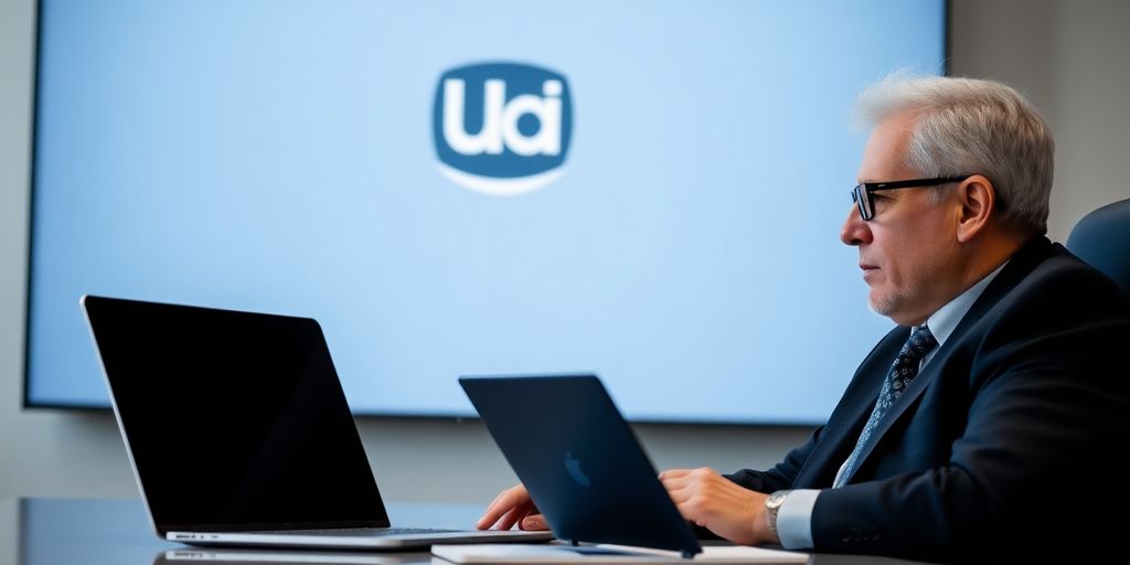 Bill Ackman at desk with Uber logo in background.