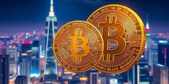Golden Bitcoin against a bright city skyline background.