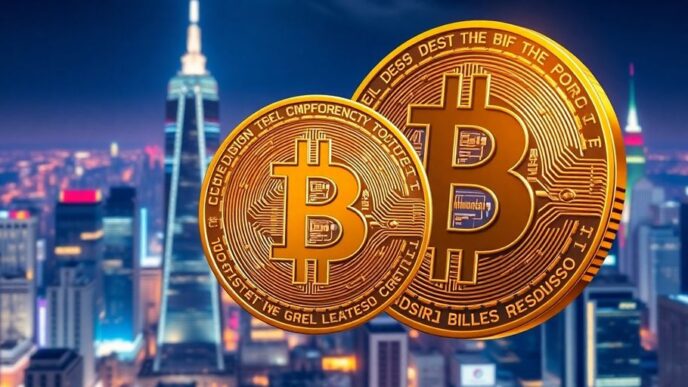 Golden Bitcoin against a bright city skyline background.