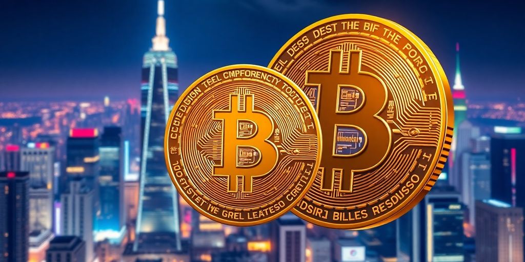 Golden Bitcoin against a bright city skyline background.