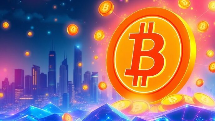 Bitcoin symbol among glowing coins in a futuristic city.