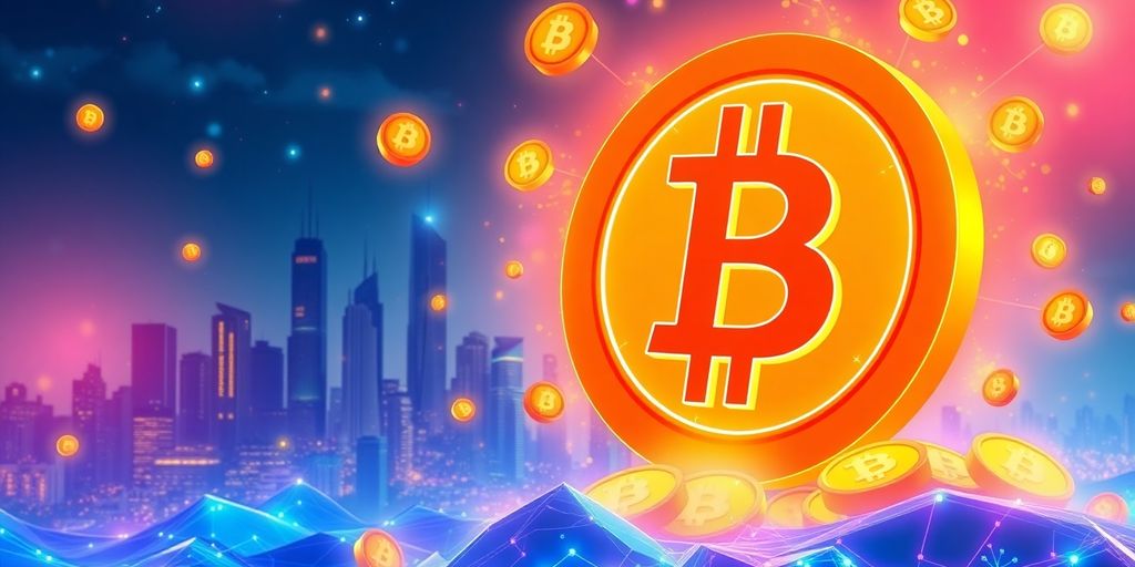 Bitcoin symbol among glowing coins in a futuristic city.