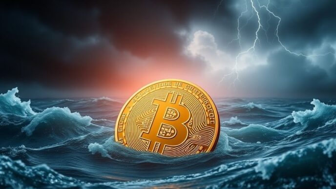 Bitcoin coin sinking in turbulent waters with stormy clouds.