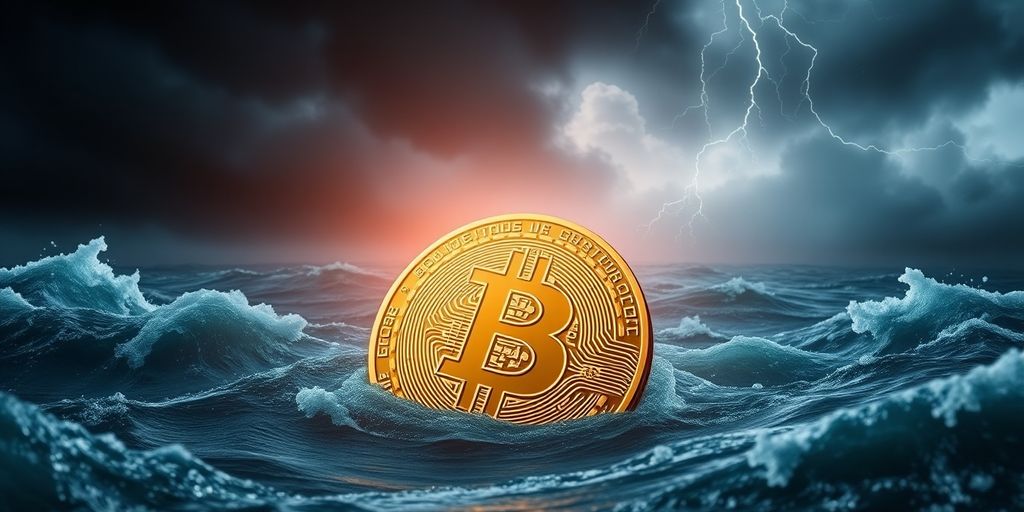 Bitcoin coin sinking in turbulent waters with stormy clouds.