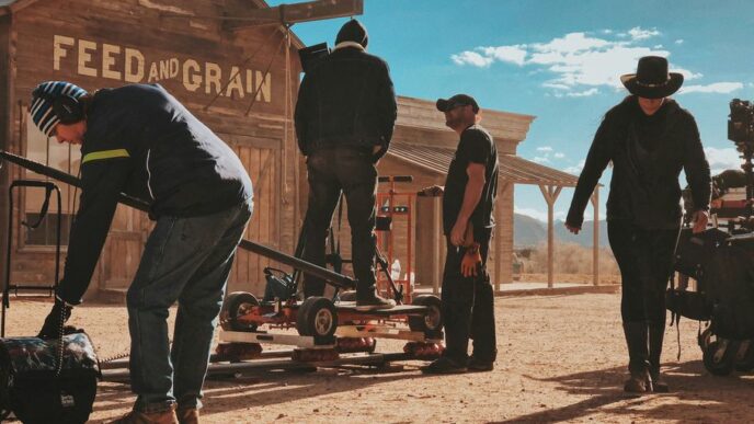 four men standing outside Feed and Grain store