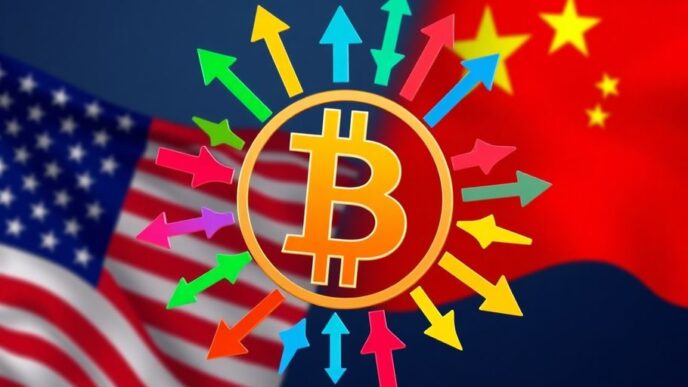 Bitcoin logo with US and China flags in the background.