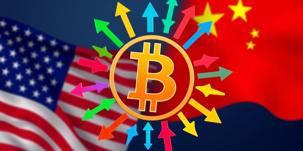 Bitcoin logo with US and China flags in the background.