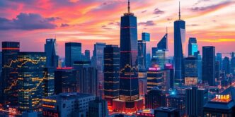 Vibrant city skyline reflecting tech stock market positivity.