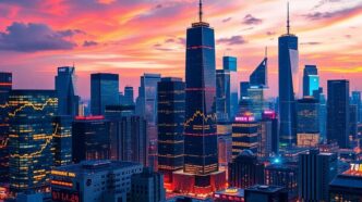 Vibrant city skyline reflecting tech stock market positivity.
