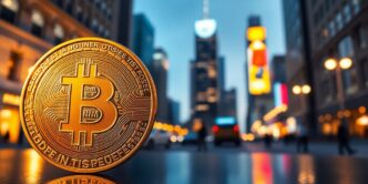 Golden Bitcoin coin with city lights in background.