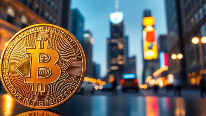 Golden Bitcoin coin with city lights in background.