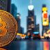 Golden Bitcoin coin with city lights in background.