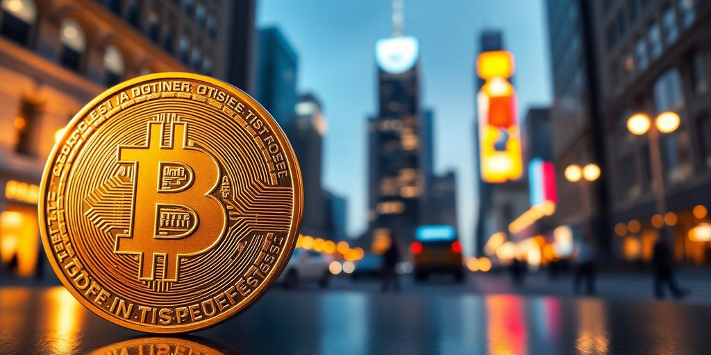 Golden Bitcoin coin with city lights in background.