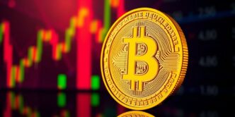 Gold Bitcoin coin with a vibrant market background.