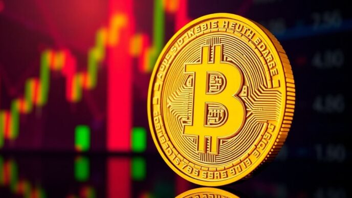 Gold Bitcoin coin with a vibrant market background.