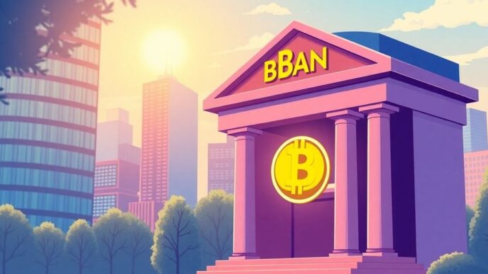 Bank building with Bitcoin symbol and city skyline.