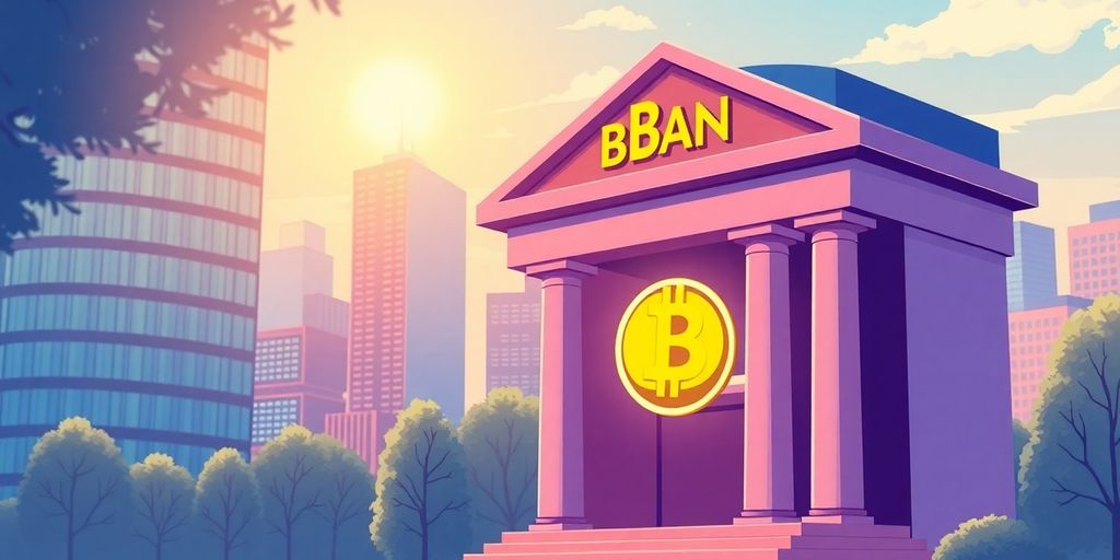 Bank building with Bitcoin symbol and city skyline.