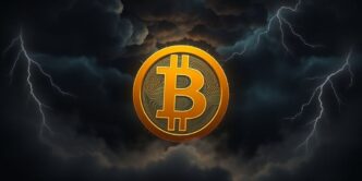 Bitcoin logo against a stormy, turbulent background.