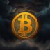 Bitcoin logo against a stormy, turbulent background.