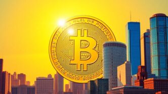 Golden Bitcoin with skyscrapers and rising sun background.