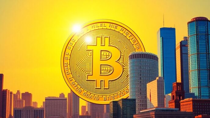 Golden Bitcoin with skyscrapers and rising sun background.