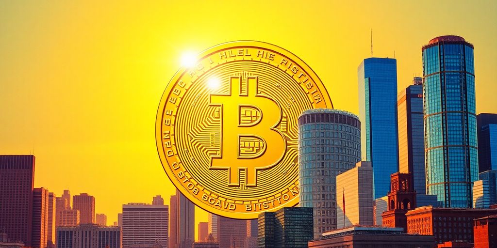 Golden Bitcoin with skyscrapers and rising sun background.