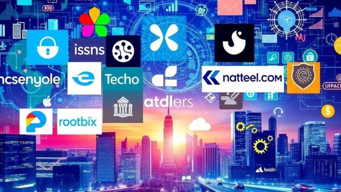 Collage of tech logos and futuristic AI visuals.