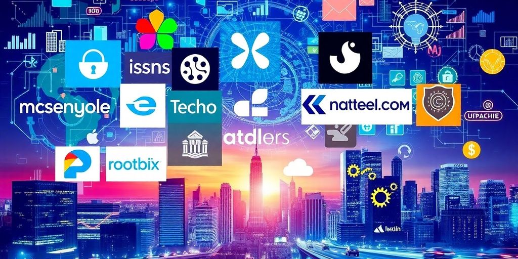Collage of tech logos and futuristic AI visuals.