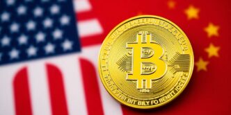Bitcoin coin on US and China flags background.