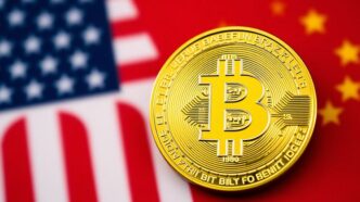Bitcoin coin on US and China flags background.