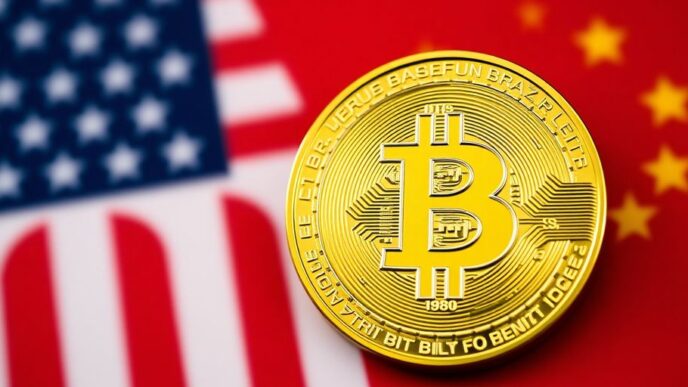Bitcoin coin on US and China flags background.