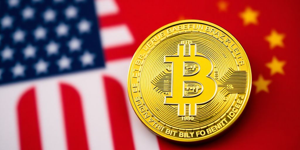Bitcoin coin on US and China flags background.
