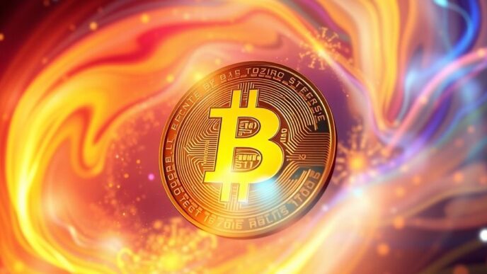 Shiny Bitcoin coin with dynamic colorful background.