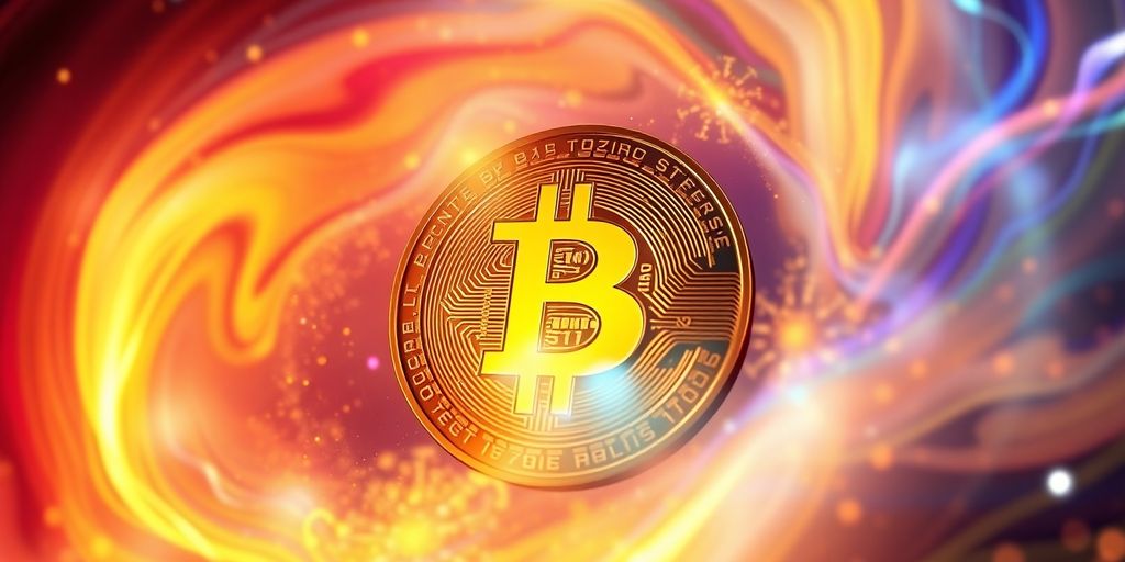 Shiny Bitcoin coin with dynamic colorful background.