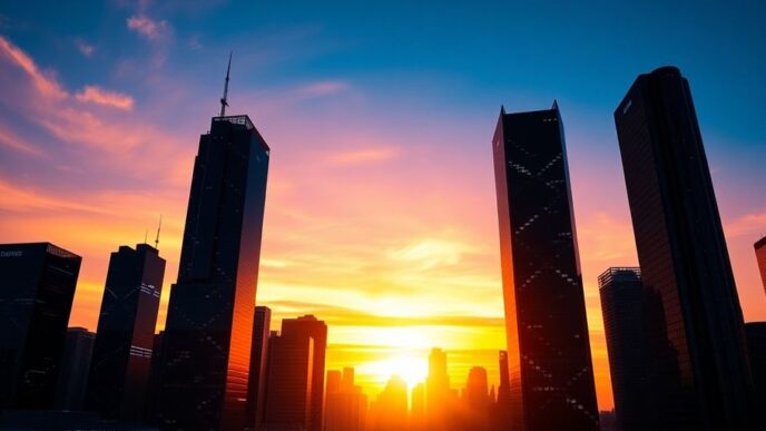 Futuristic city skyline at sunset, representing tech stock growth.