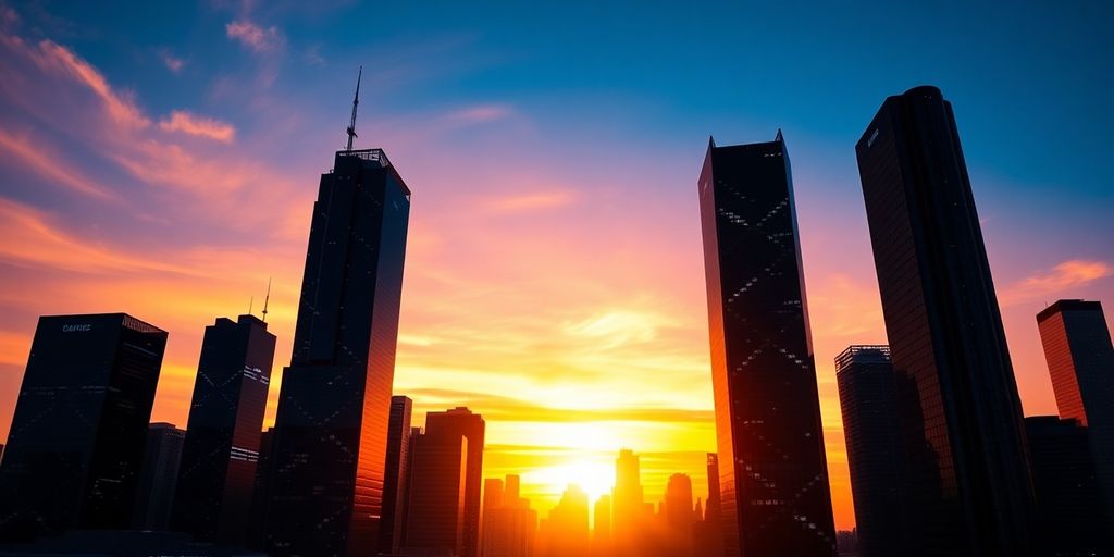 Futuristic city skyline at sunset, representing tech stock growth.