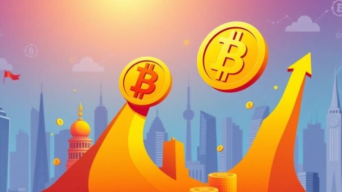 Bitcoin coin soaring against a backdrop of global landmarks.