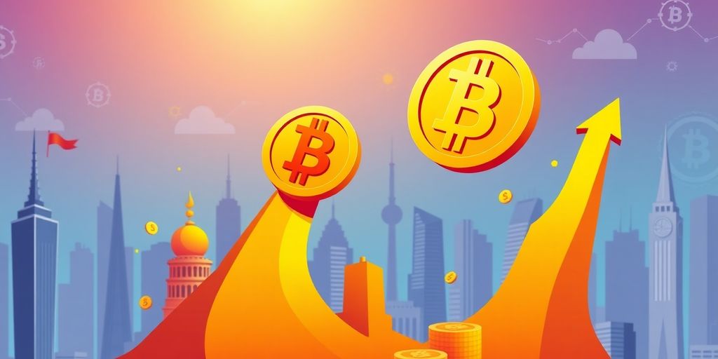 Bitcoin coin soaring against a backdrop of global landmarks.