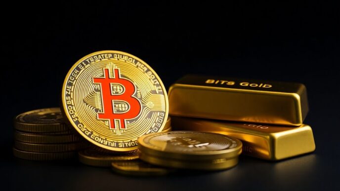 Bitcoin coins and gold bars on a dark background.