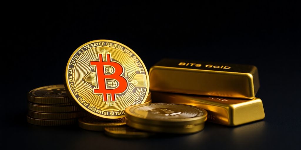 Bitcoin coins and gold bars on a dark background.