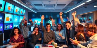 Celebration in a tech office with modern devices and employees.