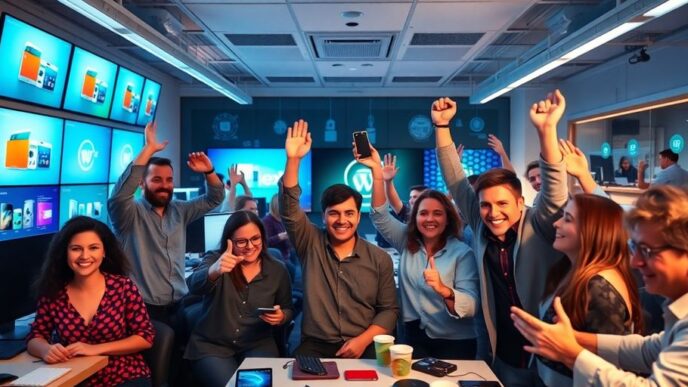 Celebration in a tech office with modern devices and employees.