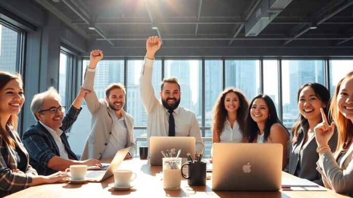 Professionals celebrating success in a modern office environment.