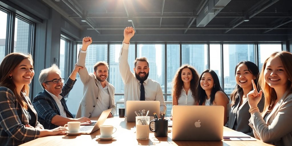 Professionals celebrating success in a modern office environment.