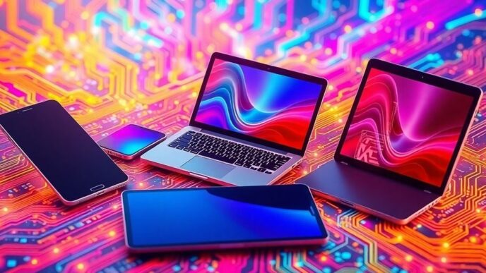 Futuristic tech devices with colorful circuit board elements.