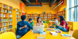 Students collaborating in a modern, vibrant study environment.